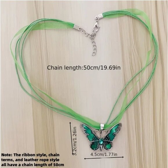 Green Enamel Butterfly Pendant Necklace on Silver Tone Chain - Picture 3 of 3